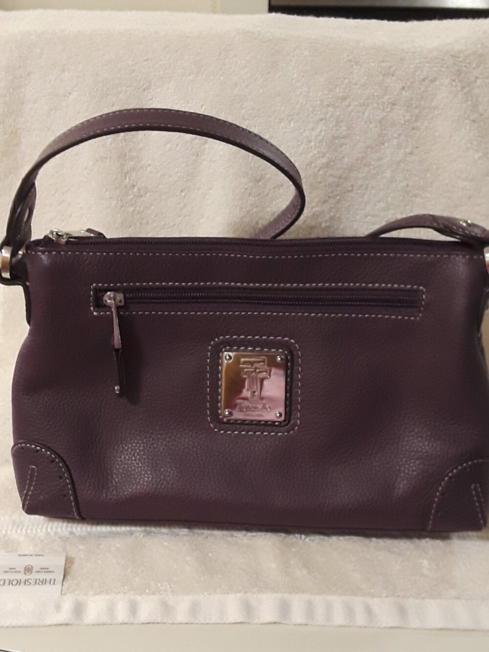 Tignanello Deep Plum Leather Shoulder Bag Purse Silver Hardware White Stitching